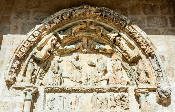 France, Gironde, Haute-Lande girondine, Bazas, collegiate church Notre-Dame d'Uzeste, Coronation of the Virgin on the spandrel of the South Gate