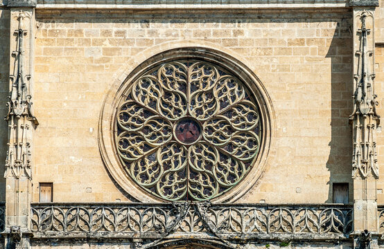 France, Gironde, Haute-Lande girondine, Bazas, rosette of the Cathedral Saint Jean Baptiste (Saint James way)