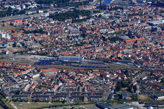 France, Hauts de France, Pas de Calais, Cote d'Opale, Calais. Calais city from above