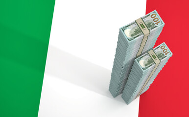 Stacks of 100 Dollar banknotes on Italy national flag. Copy Space on the left side. 3D Rendering