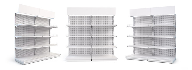 White empty supermarket or store shelf isolated on a white background. Retail shelf rack. Mock up template.