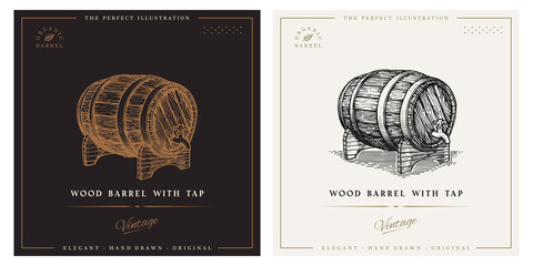 Wood barrel with tap illustration. Hand drawn vintage logo illustration