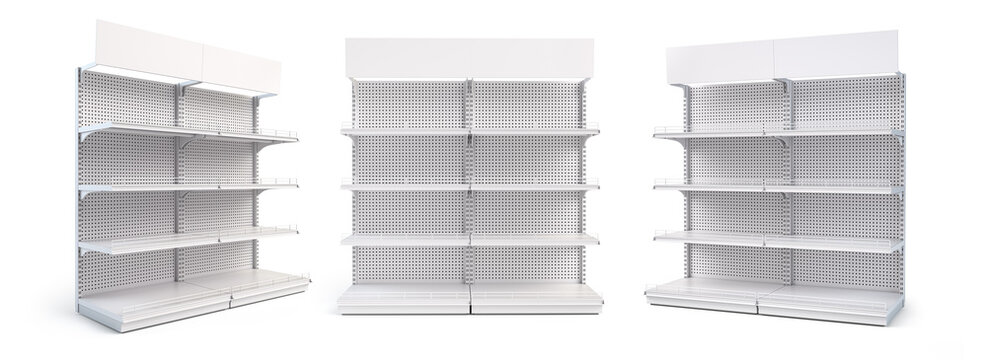 White empty supermarket or store shelf isolated on a white background. Retail shelf rack. Mock up template.