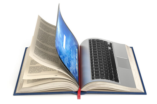 Online library, online education or e-learning internet concept. Open laptop and book compilation.