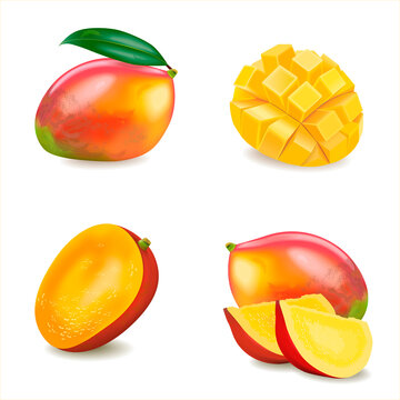 Set of Ripe mango and mango slice with cubes isolated white background. 