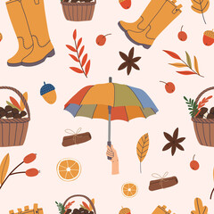 Autumn seamless pattern with rubber boots, mushrooms, umbrella, leaves and spices.Vector hand drawn illustration. Cartoon style. Flat design.