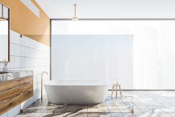 Orange panoramic bathroom with tub