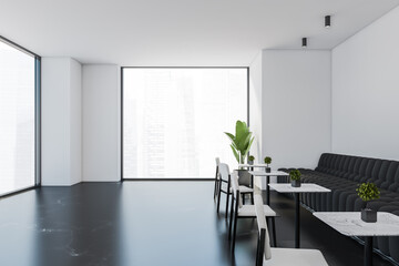 White cafe interior with sofas
