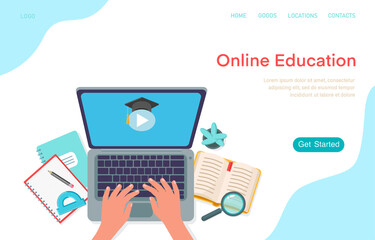 Online education landing page. Laptop and human hands, copy books, book, protractor, home plant, pencil, Concept of online learning at home, online test, distance learning. Vector flat illustration