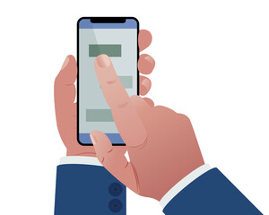 Businessman hands holding mobile phone with application on screen. Messaging, online communication. Vector illustration in cartoon style.