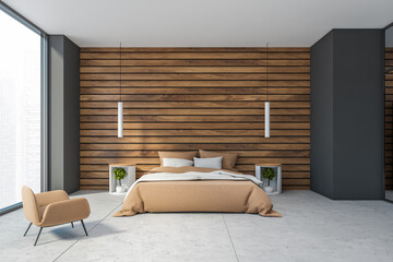 Grey and wooden bedroom interior