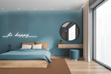 Blue bedroom interior with mirror, front view