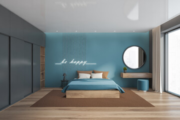 Blue bedroom interior with mirror
