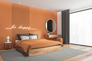Orange bedroom corner with mirror and window
