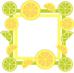Frame for text or photo with orange and lemon. Citrus slices, bright summer background. Good for wallpapers, gift wrapping paper. Vitamins and healthy food