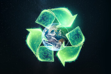 Recycling. Eco recycling green symbol. Recycling sign on the background of the globe.