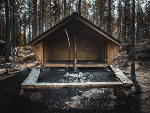 Forest lean-to for bonfire in Finnish natural reserve