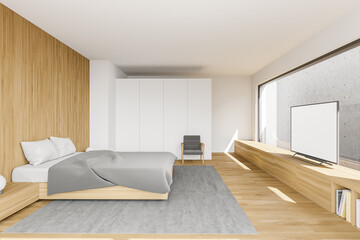 White and wooden bedroom with TV