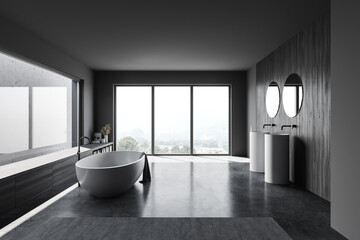 Grey and wooden bathroom interior