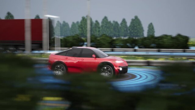 Self driving car on the highway. 3D rendering.