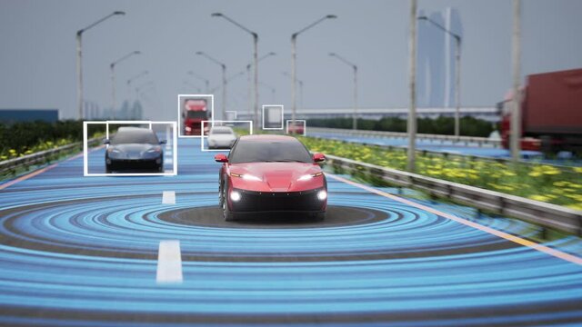 Self driving car on the highway. 3D rendering.