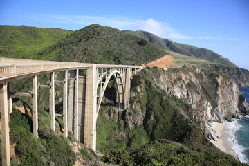 View of Bixby Creek Bridge on Pacific Coast Highway one and Big Sur coastline in California.