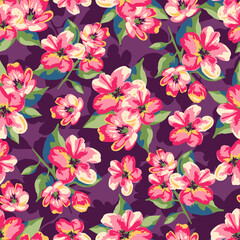 Vector seamless floral pattern with pink apple blossom flowers on purple background