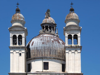 Roof of the church Santa Maria della Salute in Venice with blue sky
