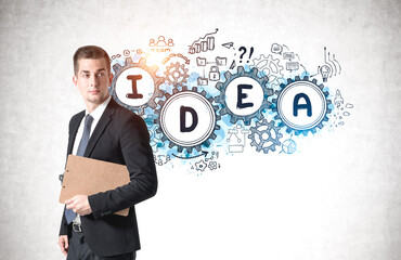 Man with clipboard and his idea