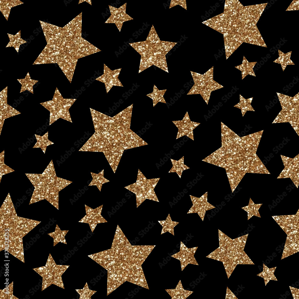 Wall mural Black vector seamless pattern with gold and bronze glitter stars