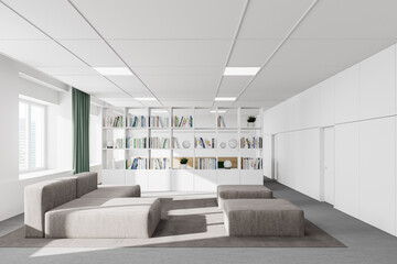 White office waiting room with bookcase