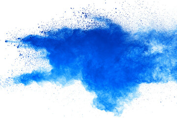 Blue powder particle splash isolated on white  background.