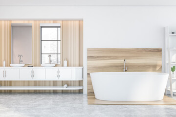 Obraz na płótnie Canvas Wooden and white bathroom, tub and sink