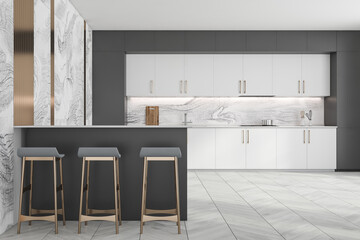 White and grey kitchen interior with bar
