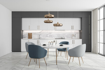 White and grey kitchen interior with dining table