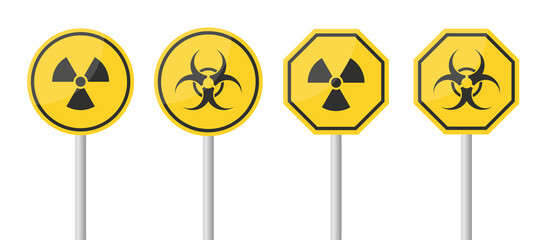 Set Danger warning signs. Yellow Radiation, Toxic warning sign boards on metal stand isolated on white background. © Bohdan