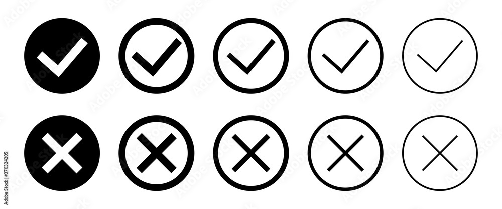 Poster set black check marks and crosses of simple web buttons. collection of flat vector signs.