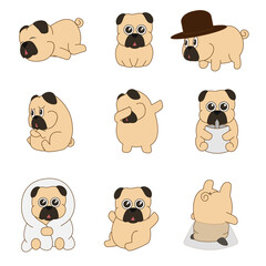 Obraz premium Vector illustration with white background, cute cartoon pug dog with different style