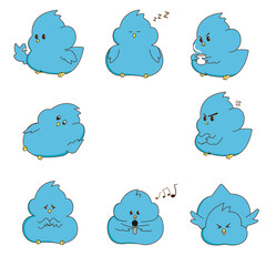 Vector illustration with white bckground, cute icon blue bird cartoon with different style