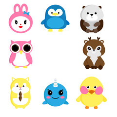 Vector illustration with white background,  collection of cute cartoon animals