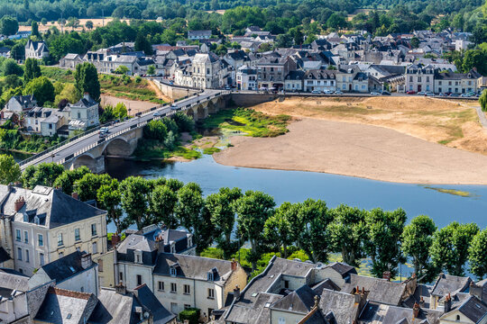 France, Center-Val de Loire, Indre-et-Loire, view of the Vienne and the Faubourg Saint Jacques from the Royal Fortress of Chinon