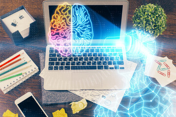 Computer on desktop with AR theme icon. Multi exposure. Concept of augmented reality.