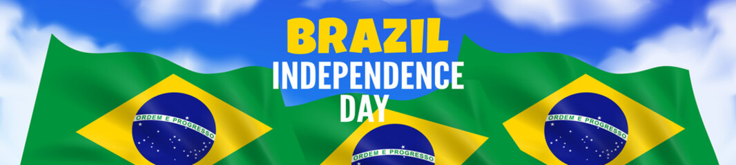 Brazil Independence Day three Brazlian Flags on sky backaground horizontal vector illustration