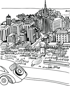 Vector city. Black and white graphics. New York from a height. A man with a walking stick looks at the city of skyscrapers. A large graphic of the city. The man arrived by car
