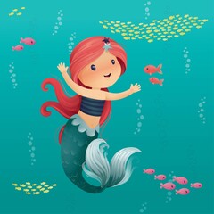 Cute Little Mermaid with Hands Raised with Long Red Hair Smiling and Swiming in the Ocean with Colorful Fish Character Design Vector Illustration Vector Brush Painting Clip Art Cartoon Underwater