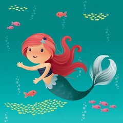 Naklejka na ściany i meble Cute Little Mermaid with Long Red Hair Smiling and Swiming in the Ocean with Colorful Fish Character Design Vector Gradient Illustration Brush Painting Clip Art Cartoon 
