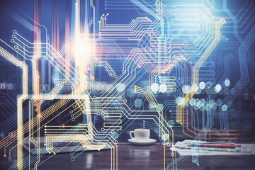 Multi exposure of table with computer and world map hologram. International data network concept.