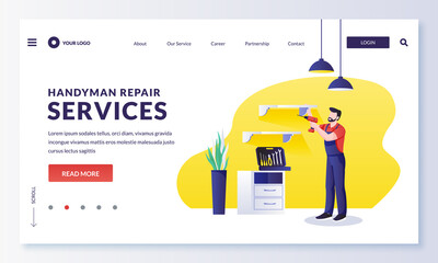 Home works and repair service. Handyman hangs furniture shelf on wall. Vector flat cartoon character worker illustration