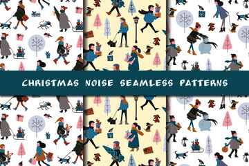 Christmas noise seamless patterns. Christmas people activities and characters