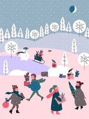 Christmas vector scene with people, winter landscape and activities  